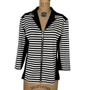 Vintage Anne Klein black and white striped collared zip sweater cardigan size XL